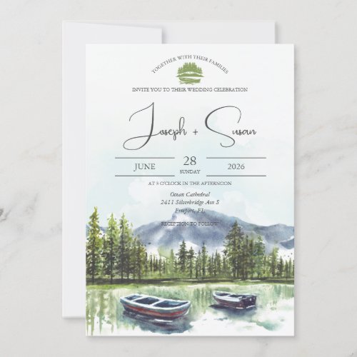  Rustic Watercolor Mountain Lake Greenery Wedding Invitation