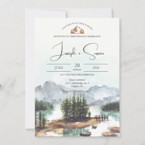 Rustic Watercolor Mountain Lake Pine Trees Wedding Invitation