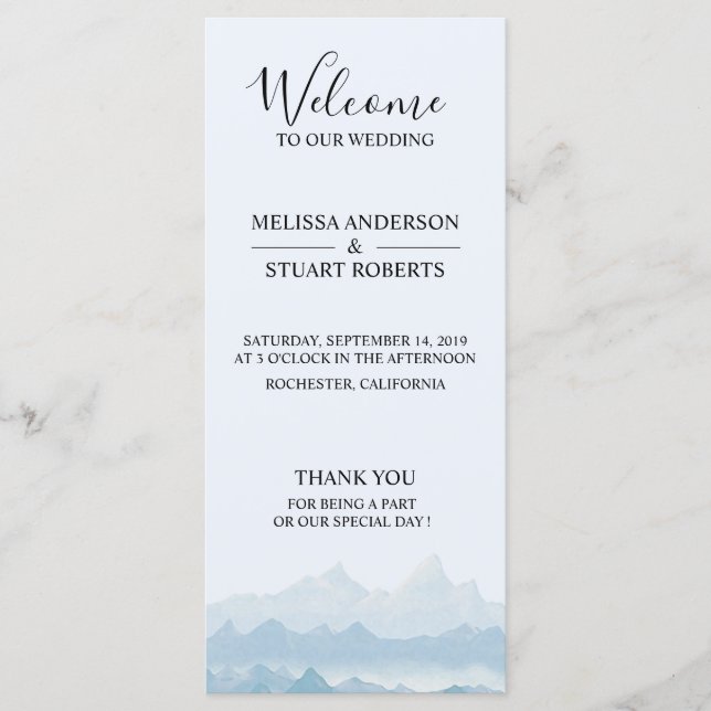 Rustic watercolor mountain landscape wedding program (Front)