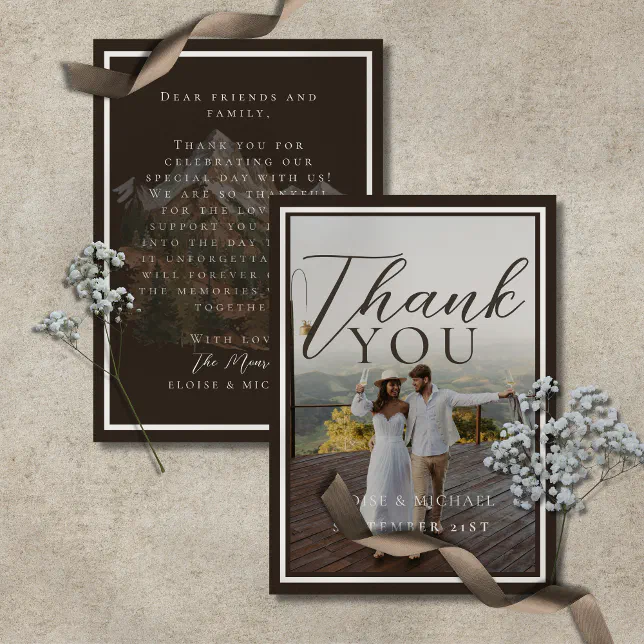 Rustic Watercolor Mountain Photo and Note Wedding Thank You Card | Zazzle