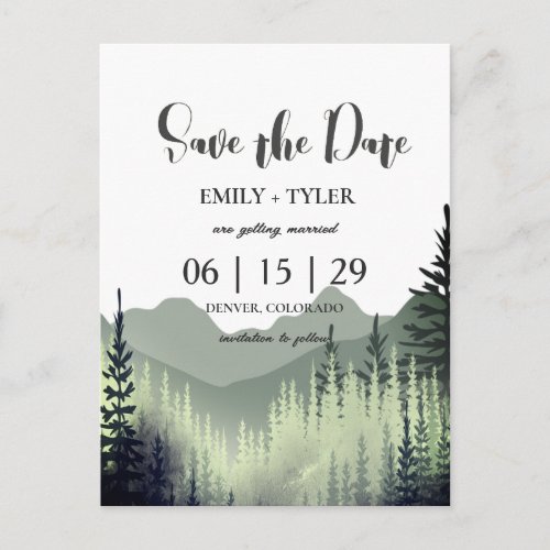 Rustic Watercolor Mountain Pine Forest Save Date Announcement Postcard