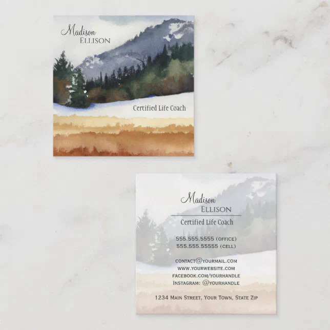 Rustic Watercolor Mountain Pine Forest Square Business Card | Zazzle