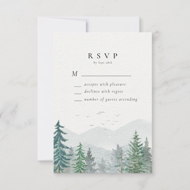 Rustic Watercolor Mountain Pine Forest Wedding RSVP Card (Front)