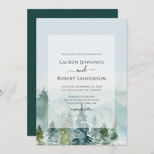 Rustic Watercolor Mountain Pine Tree Wedding Invitation