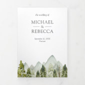 Rustic Watercolor Mountain Pine Trees Wedding Tri-Fold Invitation (Cover)