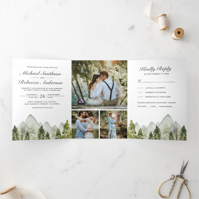 Rustic Watercolor Mountain Pine Trees Wedding Tri-Fold Invitation (Inside)