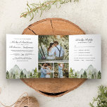 Rustic Watercolor Mountain Pine Trees Wedding Tri-Fold Invitation<br><div class="desc">Amaze your guests with this elegant wedding invite featuring a beautiful mountain landscape with modern typography against a white background with detachable RSVP card. Simply add your event details on this easy-to-use template and adorn this card with your favorite photo to make it a unique personalized one-of-a-kind invitation.</div>