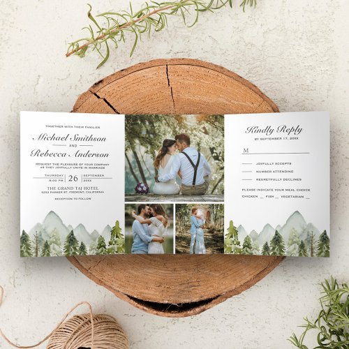 Rustic Watercolor Mountain Pine Trees Wedding Tri_Fold Invitation