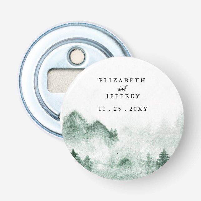 Rustic Watercolor Mountain Pine Winter Wedding   Bottle Opener (Front)