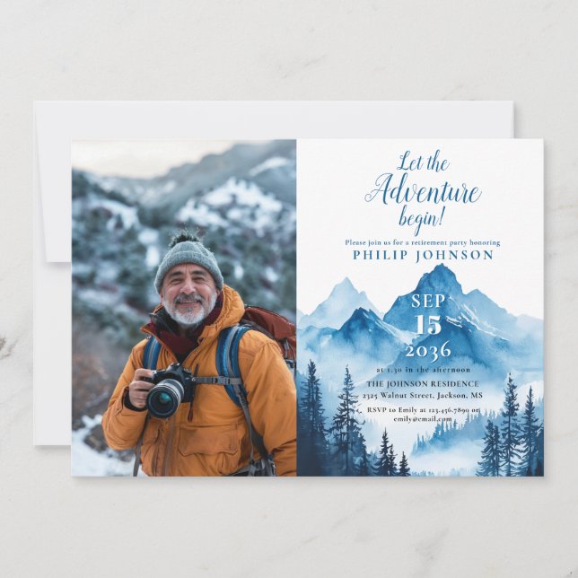 Rustic Watercolor Mountain Retirement Party Photo Invitation (Front)