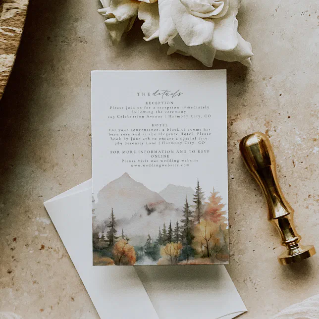 Rustic Watercolor Mountain Wedding Details Card | Zazzle