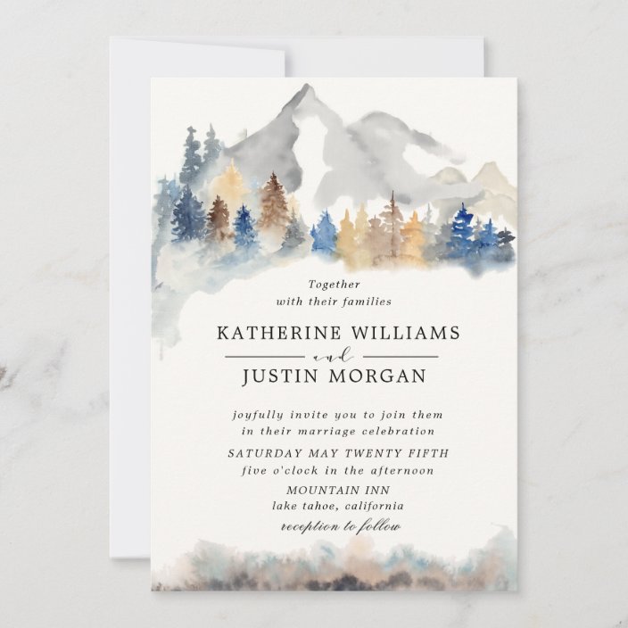 Rustic watercolor mountain Wedding Invitation