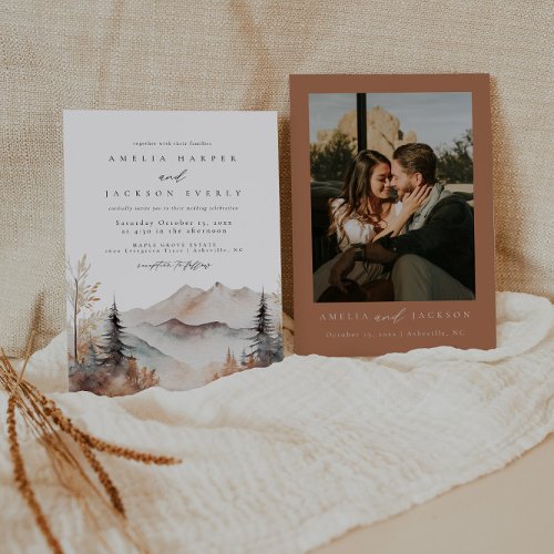 Rustic Watercolor Mountain Wedding Invitation