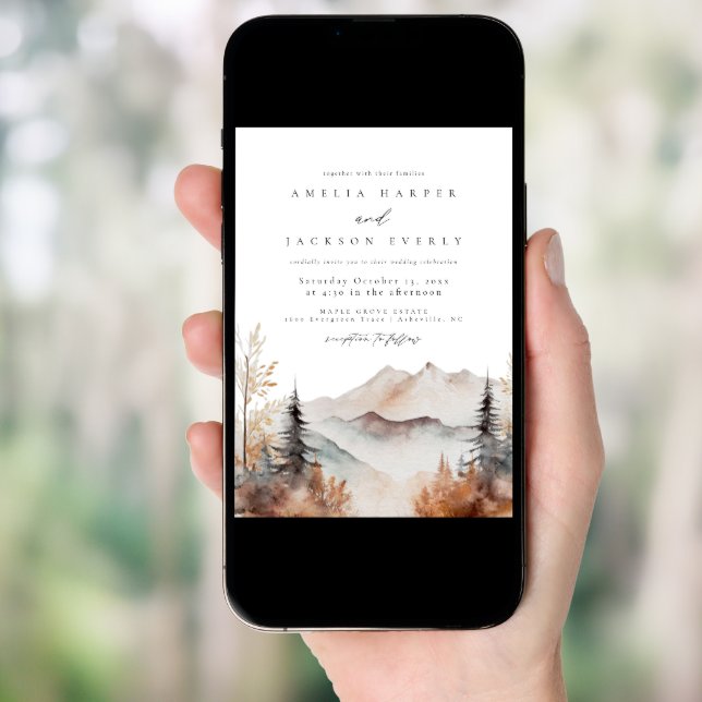 Rustic Watercolor Mountain Wedding Invitation (Front Digital)