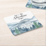 Rustic Watercolor Mountain Wedding Square Paper Coaster<br><div class="desc">Lush watercolor in blues and greens mountain forest themed wedding drink coasters for your reception,  with the ever popular expression: let the adventure begin. For those who love a romantic forest style woodlands wedding. To see the full collection of matching materials for this design please visit: https://www.zazzle.com/collections/rustic_forest_mountain_wedding-119965625201006103</div>