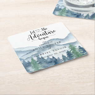 Rustic Watercolor Mountain Wedding Square Paper Coaster