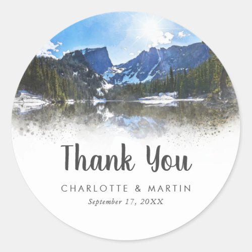 Rustic Watercolor Mountain Wedding Thank You Classic Round Sticker