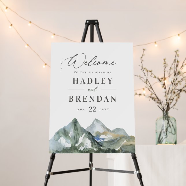 Rustic Watercolor Mountain Wedding Welcome Sign (In Situ (Stand))
