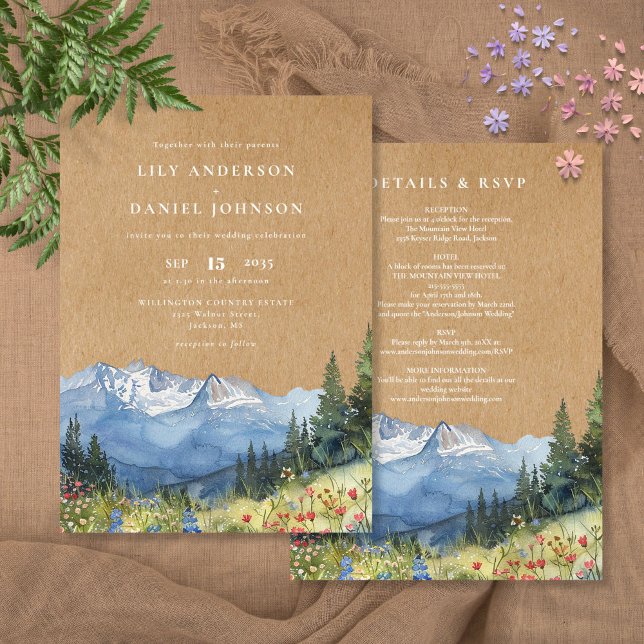 Rustic Watercolor Mountain Wildflower Wedding Invitation (Rustic Watercolor Mountain Wildflower Wedding Invitation)