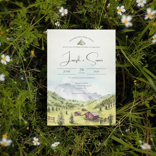 Rustic Watercolor Mountain Woods Pine Tree Wedding Invitation (Creator Uploaded)