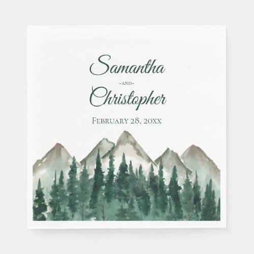 Rustic Watercolor Mountains and Pine Wedding Napkins