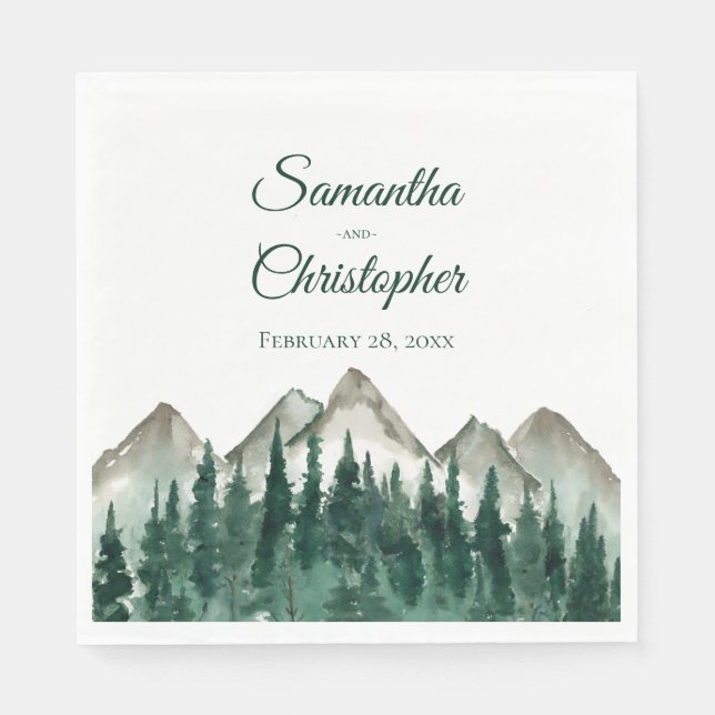 Rustic Watercolor Mountains and Pine Wedding Napkins (Front)