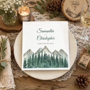 Rustic Watercolor Mountains and Pine Wedding Napkins