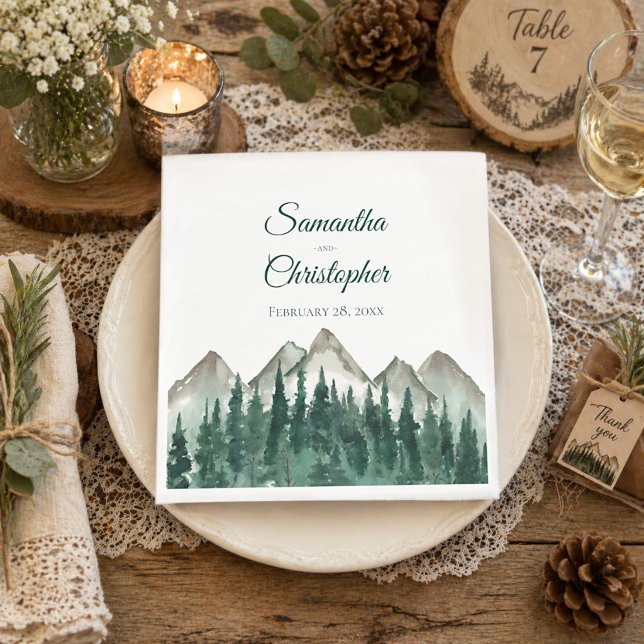 Rustic Watercolor Mountains and Pine Wedding Napkins (Creator Uploaded)