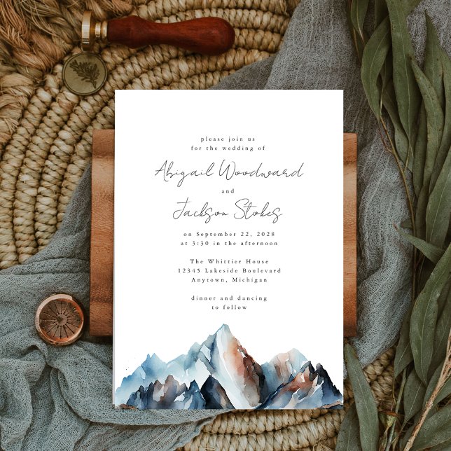 Rustic Watercolor Mountains Blue Gray Rust Wedding Invitation (The perfect invitation choice for a rustic mountain wedding.)
