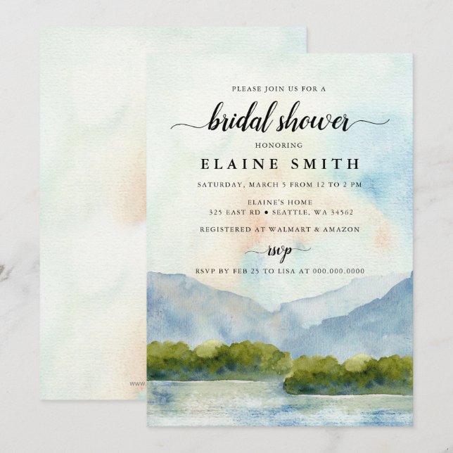 Rustic Watercolor Mountains Lake Bridal Shower  Invitation (Front/Back)