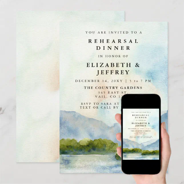Rustic Watercolor Mountains Lake Rehearsal Dinner Invitation | Zazzle