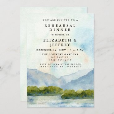 Rustic Watercolor Mountains Lake Rehearsal Dinner  Invitation