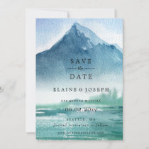 Rustic Watercolor Mountains Lake Save The Date Announcement