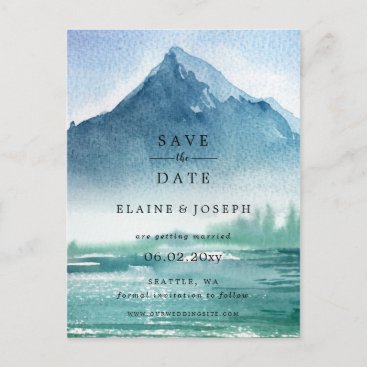 Rustic Watercolor Mountains Lake Save The Date Announcement Postcard