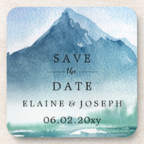 Rustic Watercolor Mountains Lake Save The Date Beverage Coaster