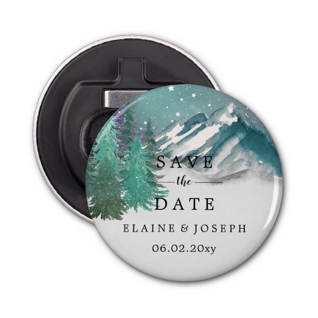 Rustic Watercolor Mountains Lake Save The Date   Bottle Opener (Front)