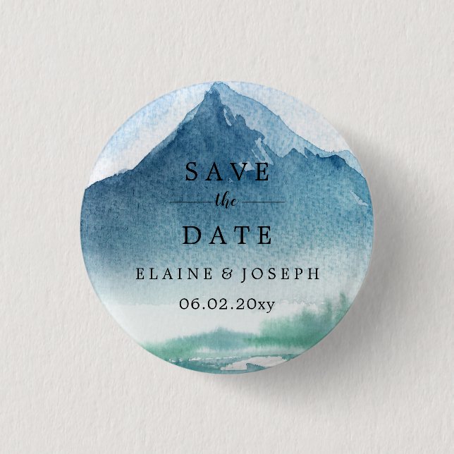 Rustic Watercolor Mountains Lake Save The Date Button (Front)