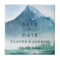 Rustic Watercolor Mountains Lake Save The Date Ceramic Tile