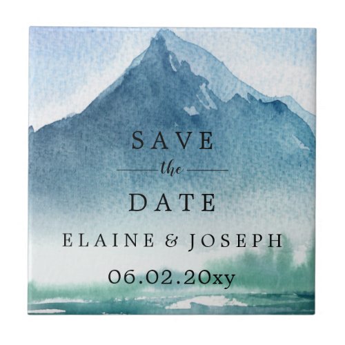 Rustic Watercolor Mountains Lake Save The Date Ceramic Tile