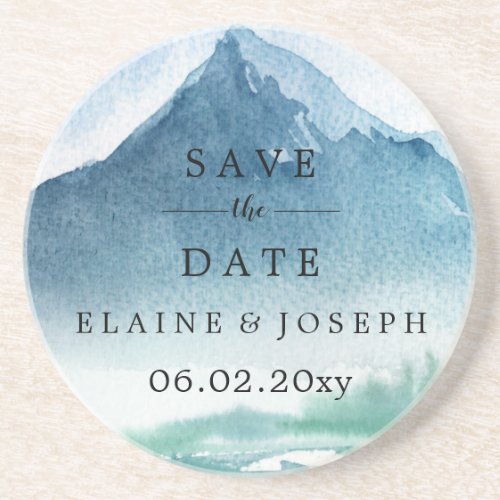 Rustic Watercolor Mountains Lake Save The Date Coaster