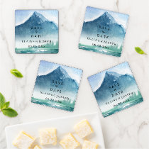 Rustic Watercolor Mountains Lake Save The Date Coaster Set
