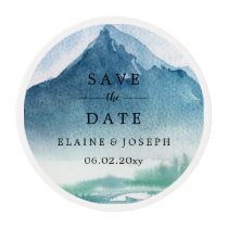 Rustic Watercolor Mountains Lake Save The Date Edible Frosting Rounds