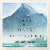 Rustic Watercolor Mountains Lake Save The Date Glass Coaster