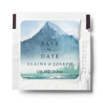 Rustic Watercolor Mountains Lake Save The Date Hand Sanitizer Packet