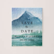 Rustic Watercolor Mountains Lake Save The Date Jigsaw Puzzle