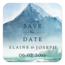 Rustic Watercolor Mountains Lake Save The Date Square Sticker