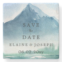 Rustic Watercolor Mountains Lake Save The Date Stone Coaster