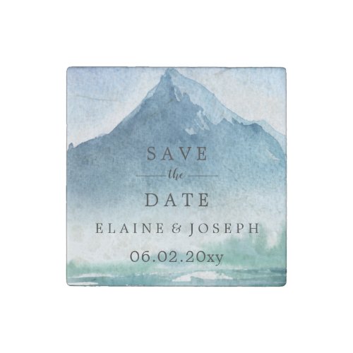 Rustic Watercolor Mountains Lake Save The Date Stone Magnet