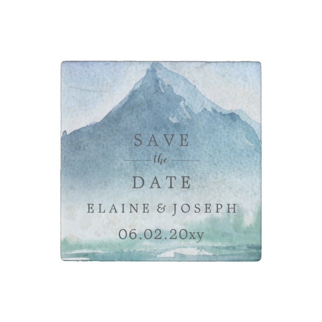 Rustic Watercolor Mountains Lake Save The Date Stone Magnet (Front)