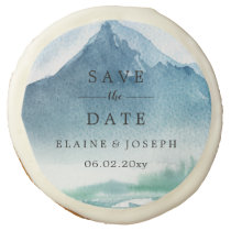 Rustic Watercolor Mountains Lake Save The Date Sugar Cookie